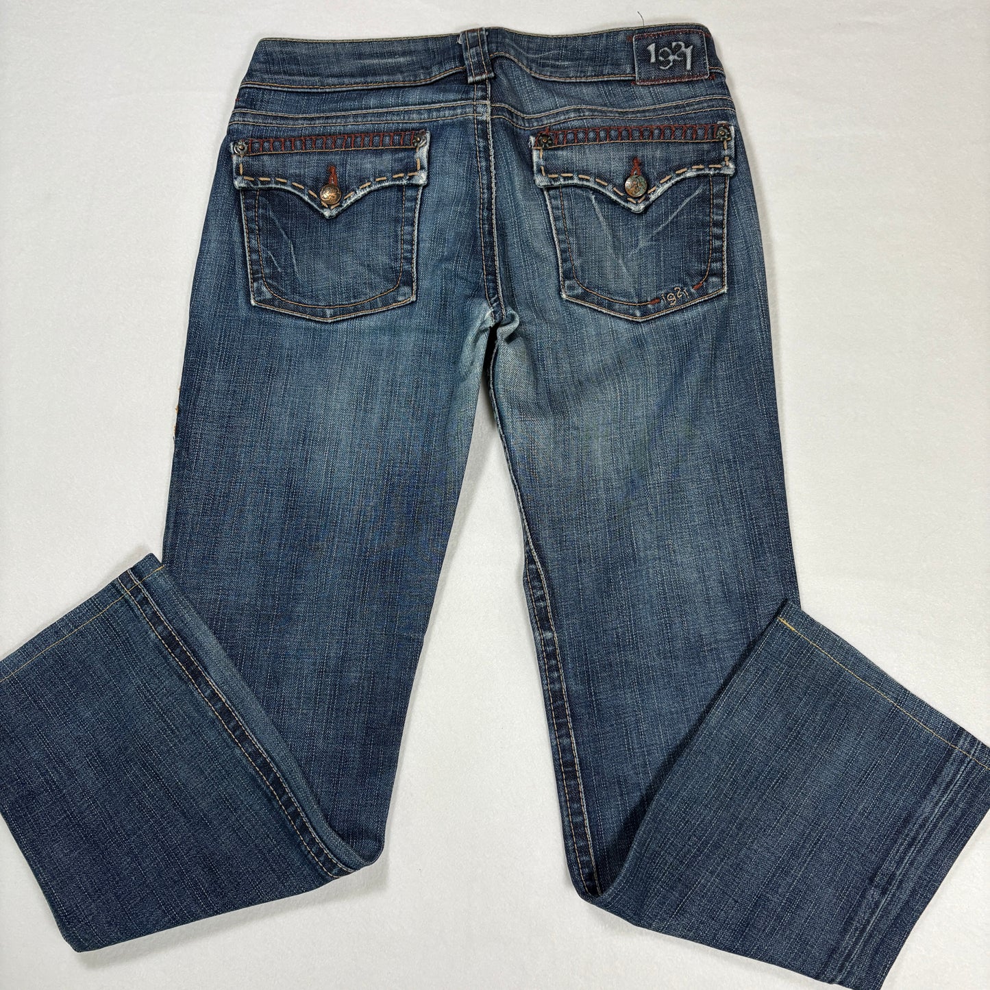 1921 Jeans Women’s 28x32 Bootcut Blue Denim Contrast Stitch Distressed Pockets