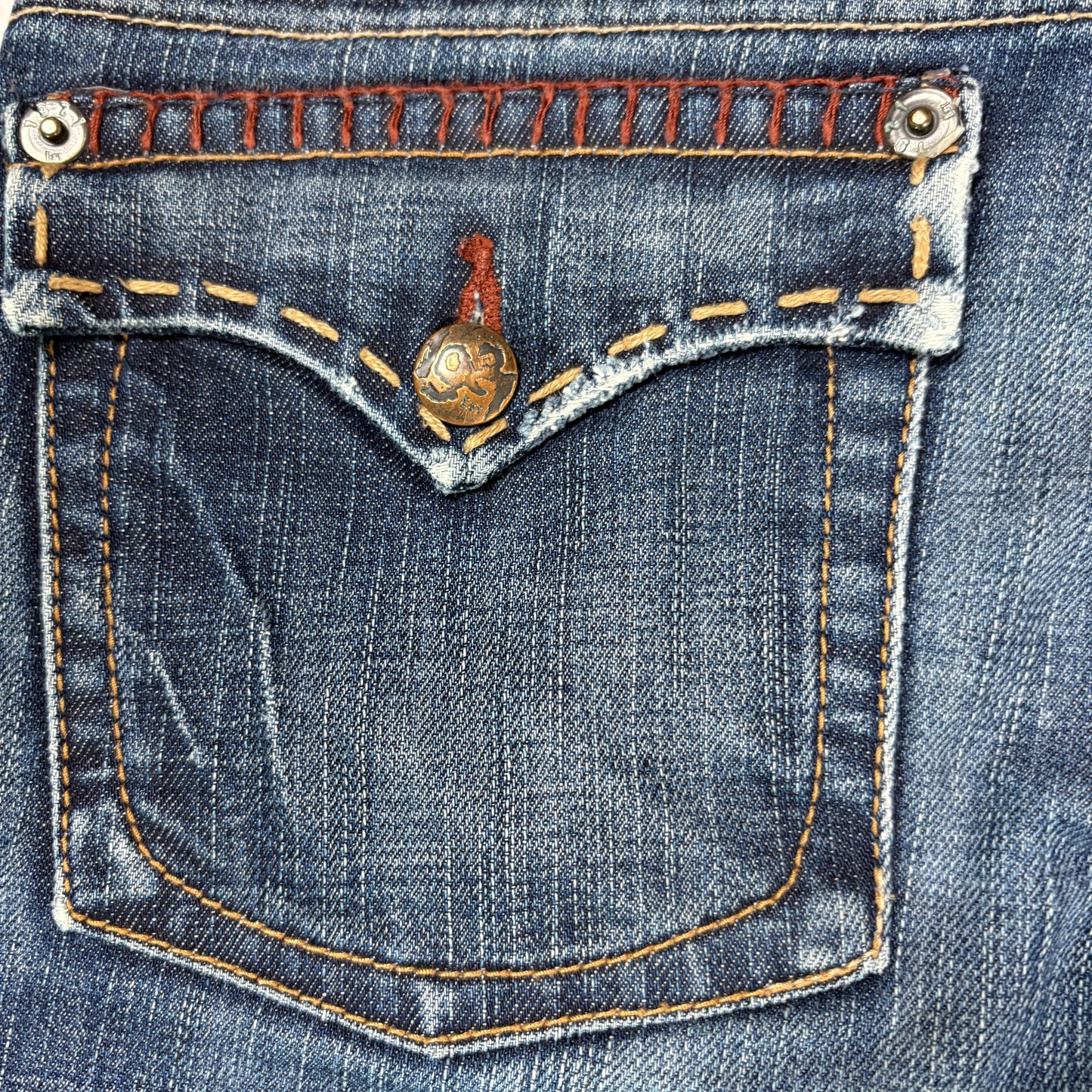 1921 Jeans Women’s 28x32 Bootcut Blue Denim Contrast Stitch Distressed Pockets