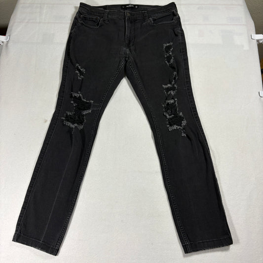 Hollister Jeans Mens 34x32 Black Distressed Stacked Skinny Advanced Stretch Y2K