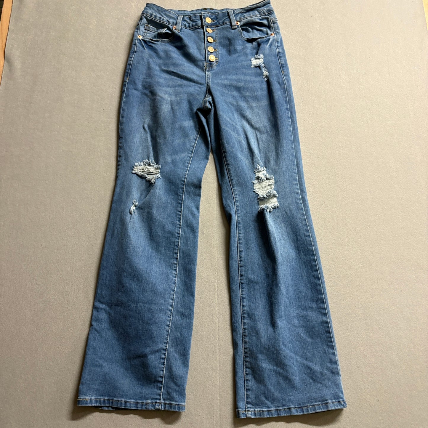 Y2K Distressed Flare Jeans Womens Size M Fits Like 28x30 Button Fly Stretch