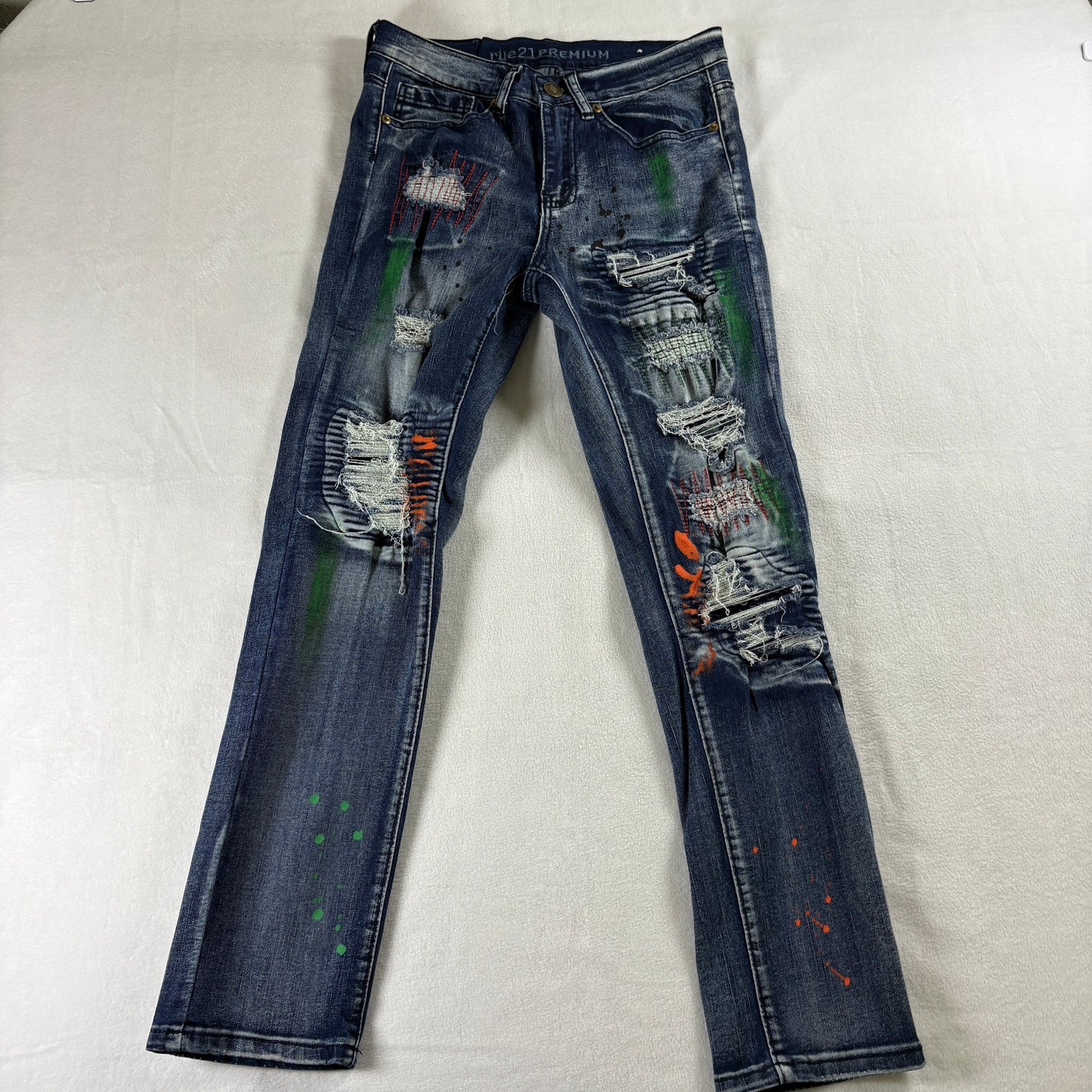 Rue21 Premium Jeans Womens 26X30 Blue Skinny Distressed Paint Splatter Y2K Up