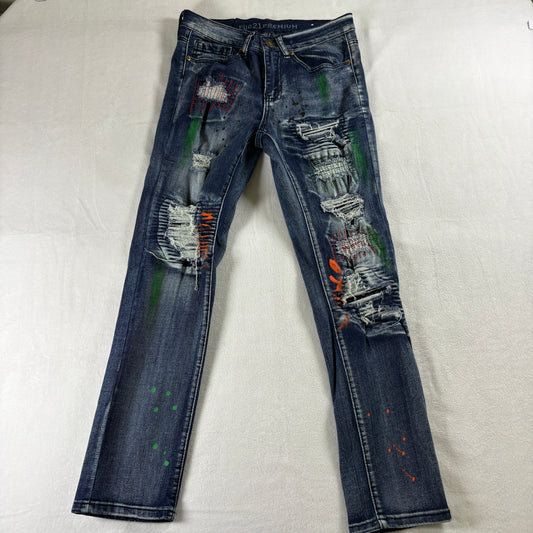 Rue21 Premium Jeans Womens 26X30 Blue Skinny Distressed Paint Splatter Y2K Up