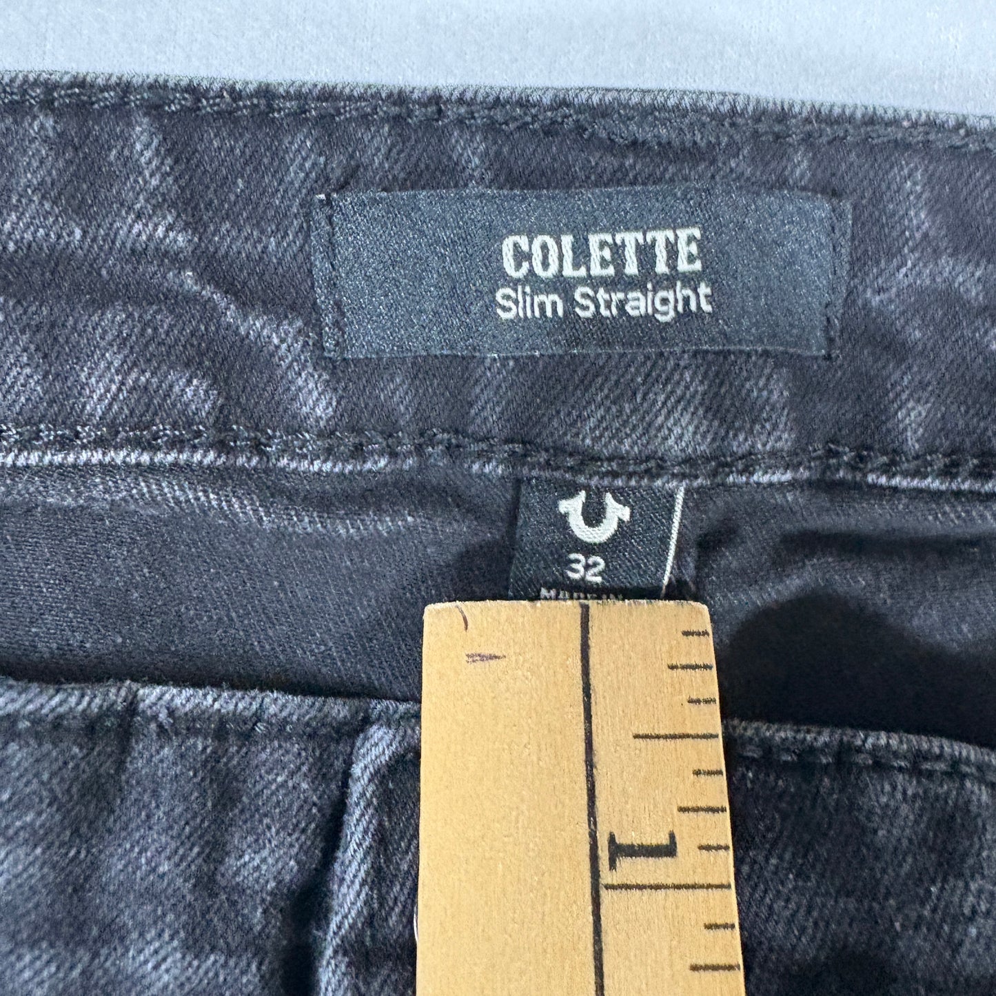True Religion Colette Jeans Slim Straight Black Frayed Hem Size 32 Men’s Denim