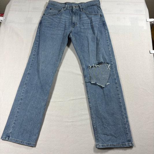 Wrangler Jeans Mens 30x30 Light Blue Distressed Knee Vintage Grunge Straight Fit