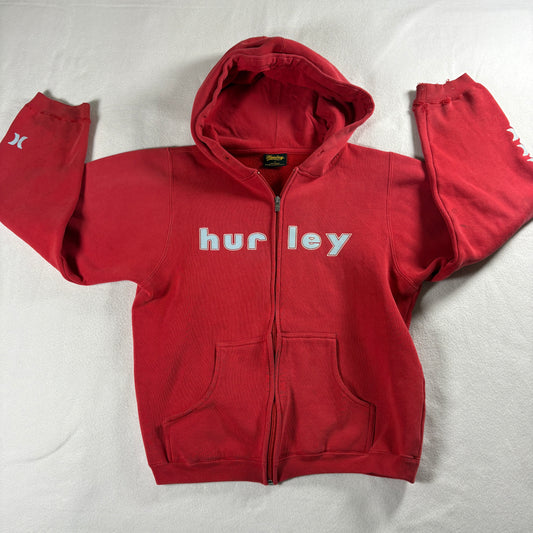 Hurley Mens Medium Red Zip Up Hoodie Y2K Skate Streetwear Distressed Surfwear