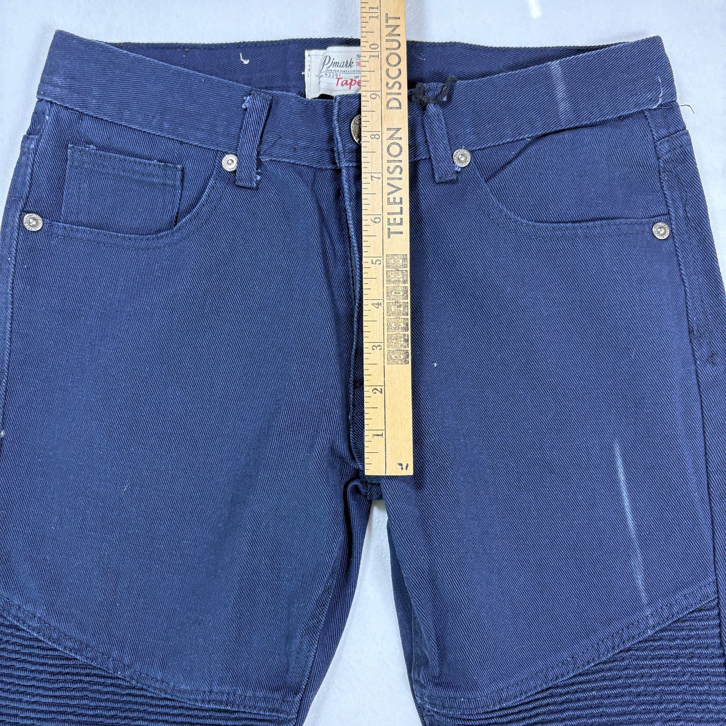 PJ Mark Jeans 32x32 Navy Blue Moto Biker Denim Taper Fit Ribbed Panels