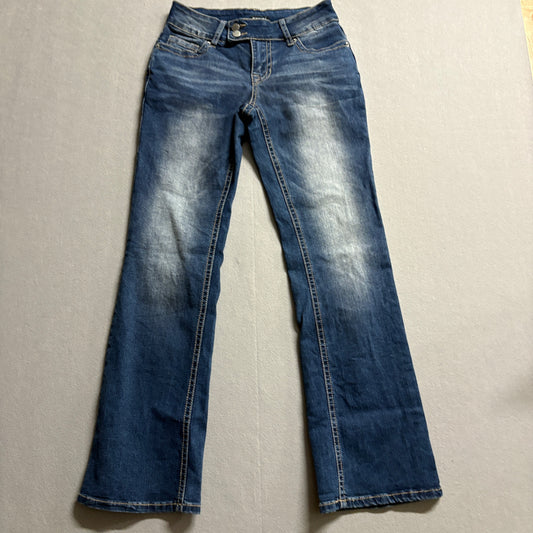 Flamingals Flare Jeans XS Fits Like 27x30 Y2K Stretch Bell Bottom Dark Wash