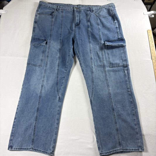 Mens 5XL Cargo Jeans Blue Utility Denim Straight Leg Streetwear Casual Work Pant