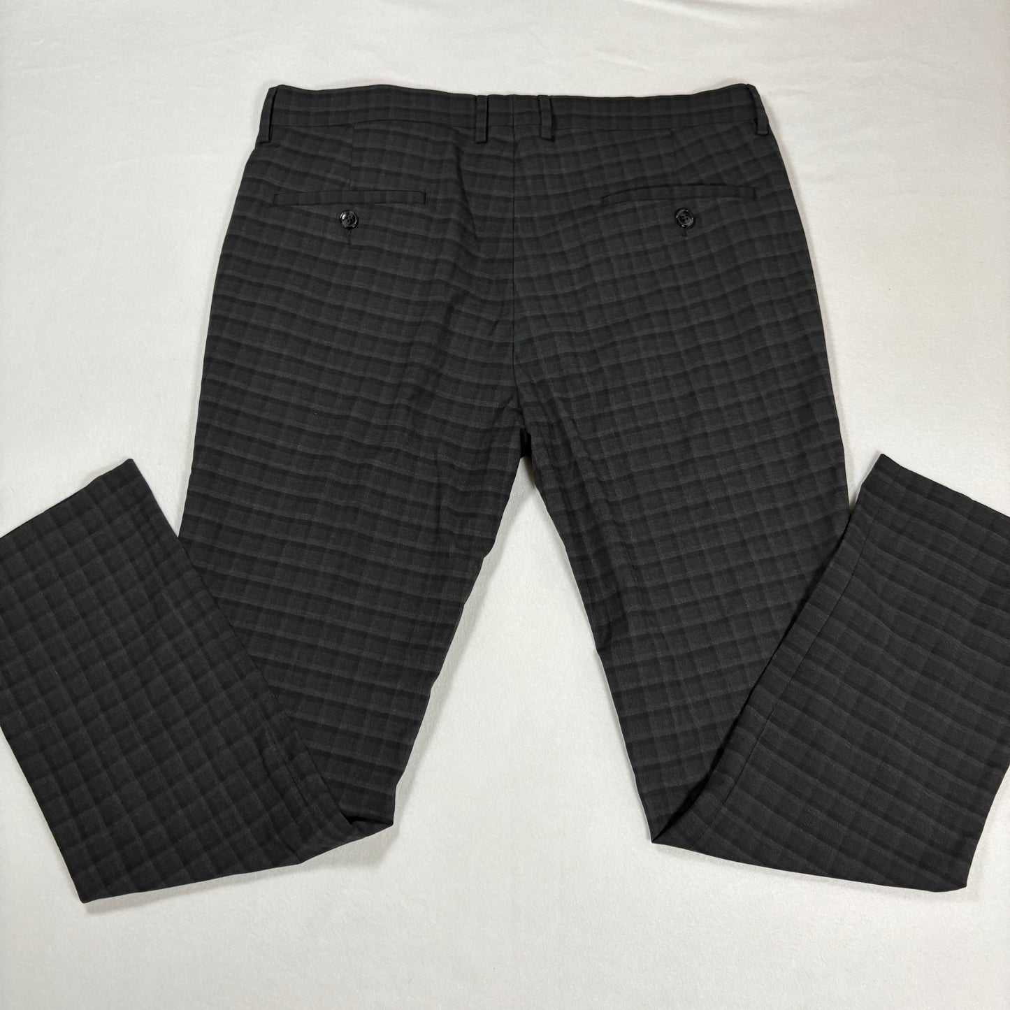 Kenneth Cole Reaction Pants 36x29 Gray Plaid Dress Slacks Flat Front Stretch