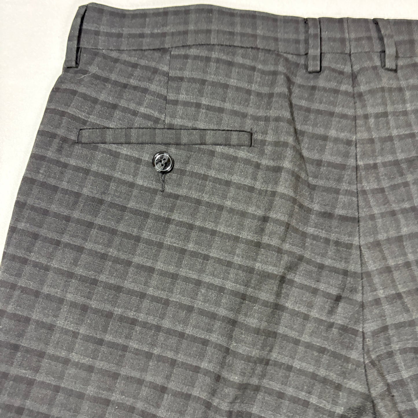 Kenneth Cole Reaction Pants 36x29 Gray Plaid Dress Slacks Flat Front Stretch
