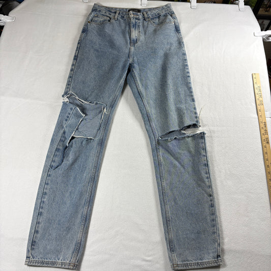 White Fox Womens Distressed Denim Jeans Vintage Y2K Straight Leg Blue Raw Cut Up