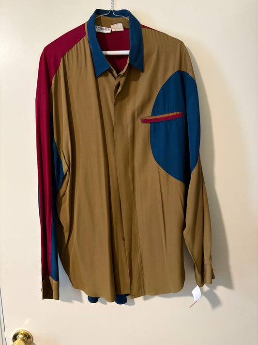 Vintage Bachrach Colorblock Button-Up Shirt – Multi‑Color Retro 90s Silk‑Feel Long Sleeve
