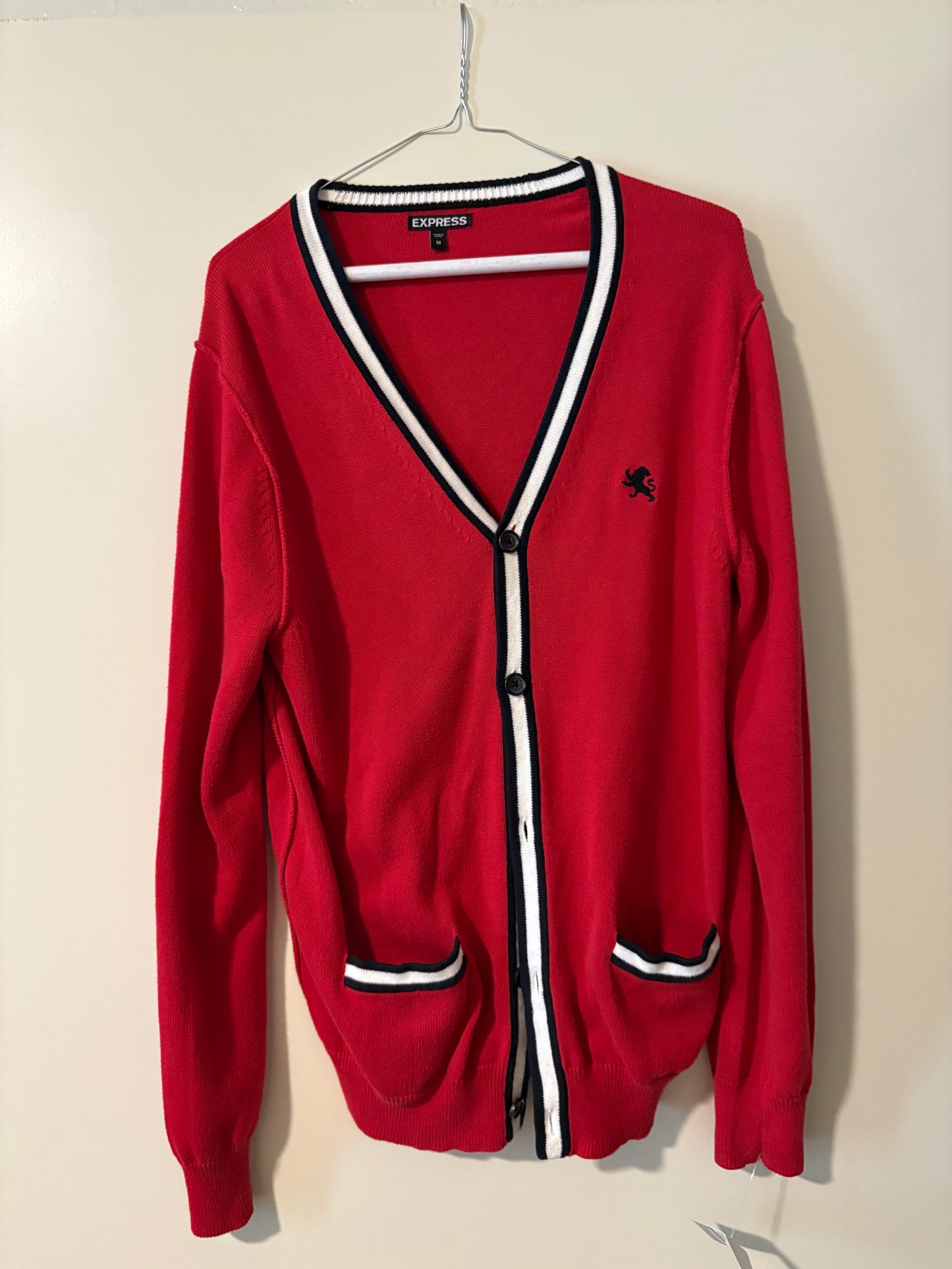 Express Men’s Red V‑Neck Cardigan Sweater – Size M – Retro Preppy Knit with Striped Trims