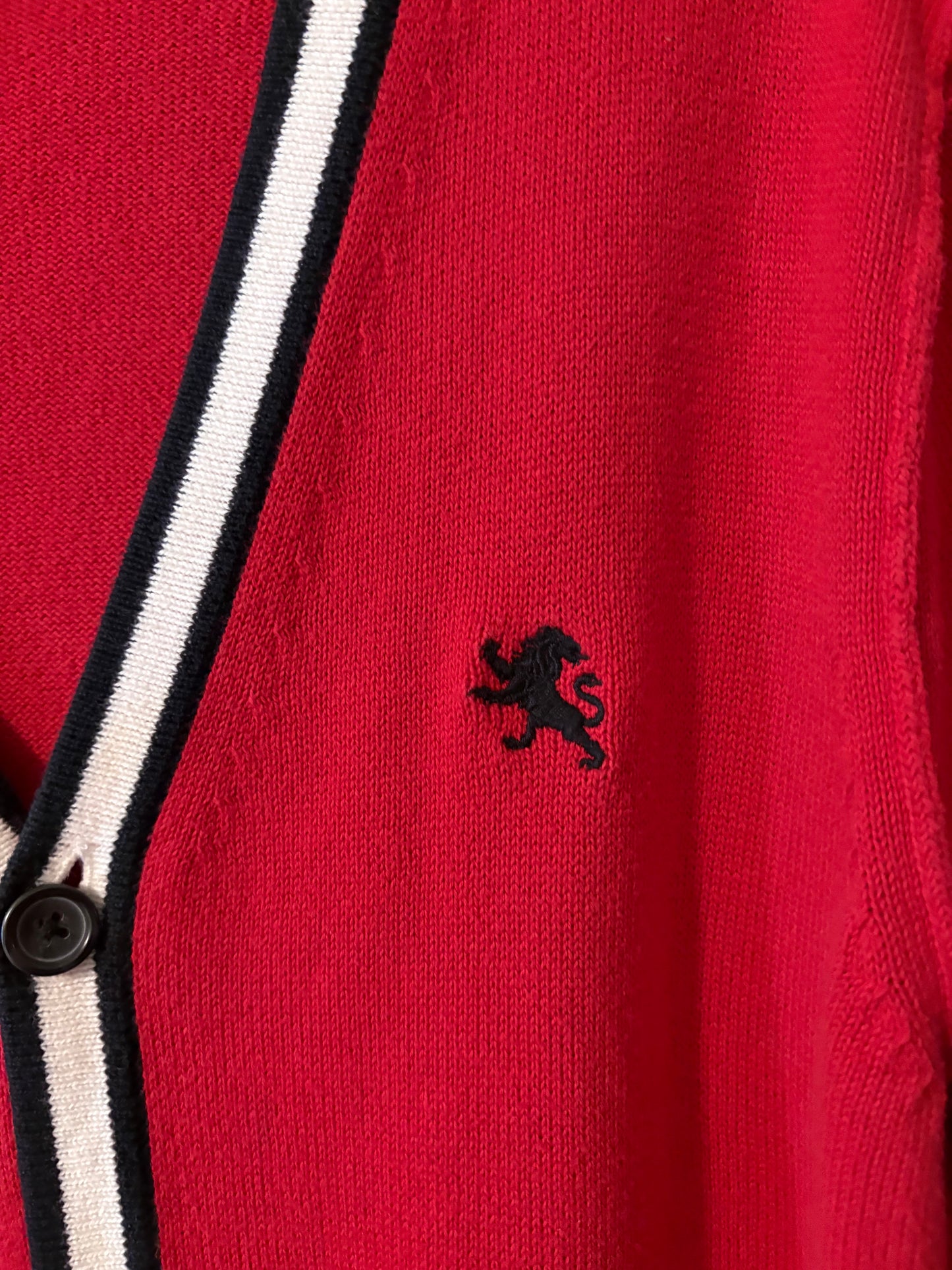 Express Men’s Red V‑Neck Cardigan Sweater – Size M – Retro Preppy Knit with Striped Trims
