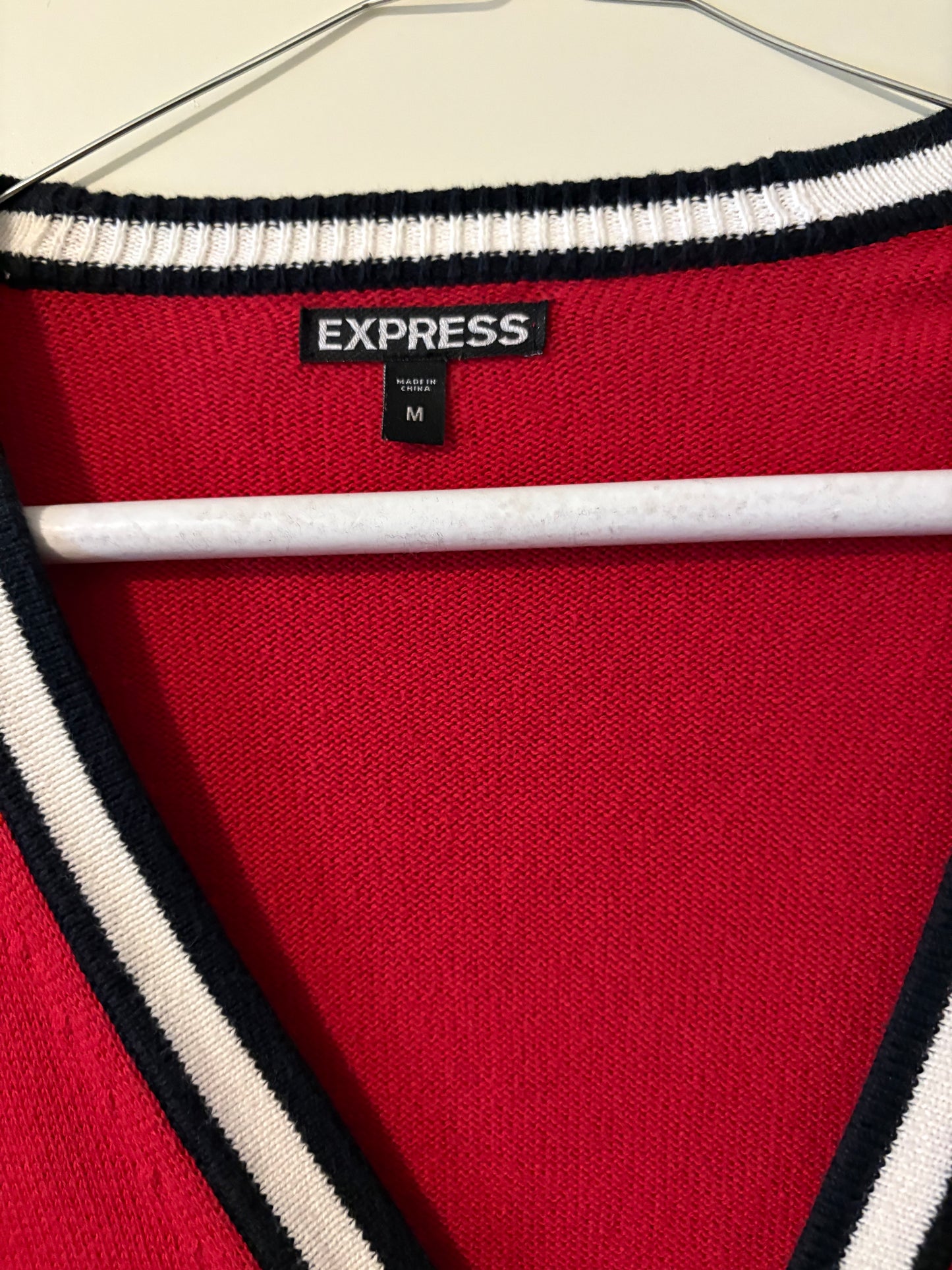 Express Men’s Red V‑Neck Cardigan Sweater – Size M – Retro Preppy Knit with Striped Trims