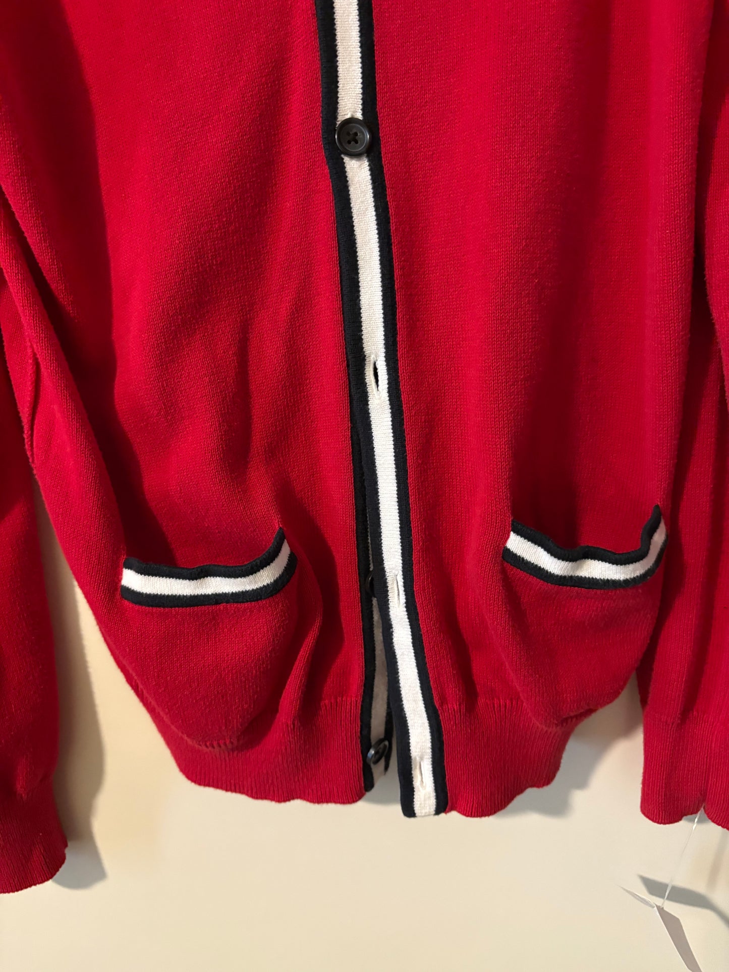 Express Men’s Red V‑Neck Cardigan Sweater – Size M – Retro Preppy Knit with Striped Trims