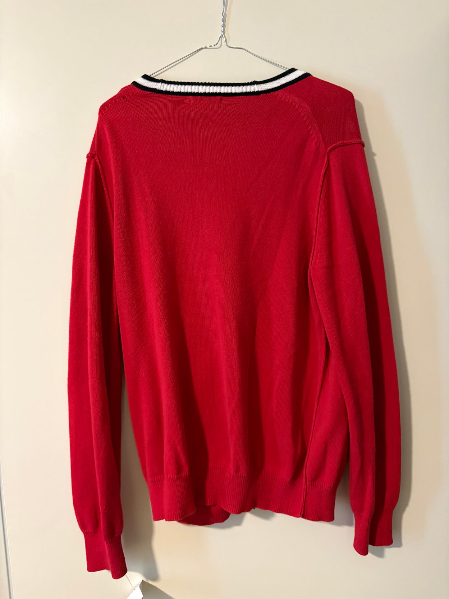 Express Men’s Red V‑Neck Cardigan Sweater – Size M – Retro Preppy Knit with Striped Trims