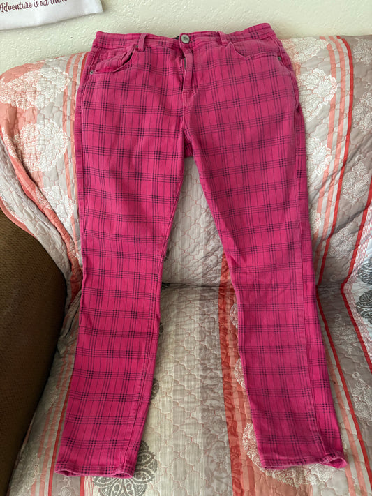 Vintage ABSECAI Pink Plaid Pants - Size 38 - Stretch Cotton Skinny Fit