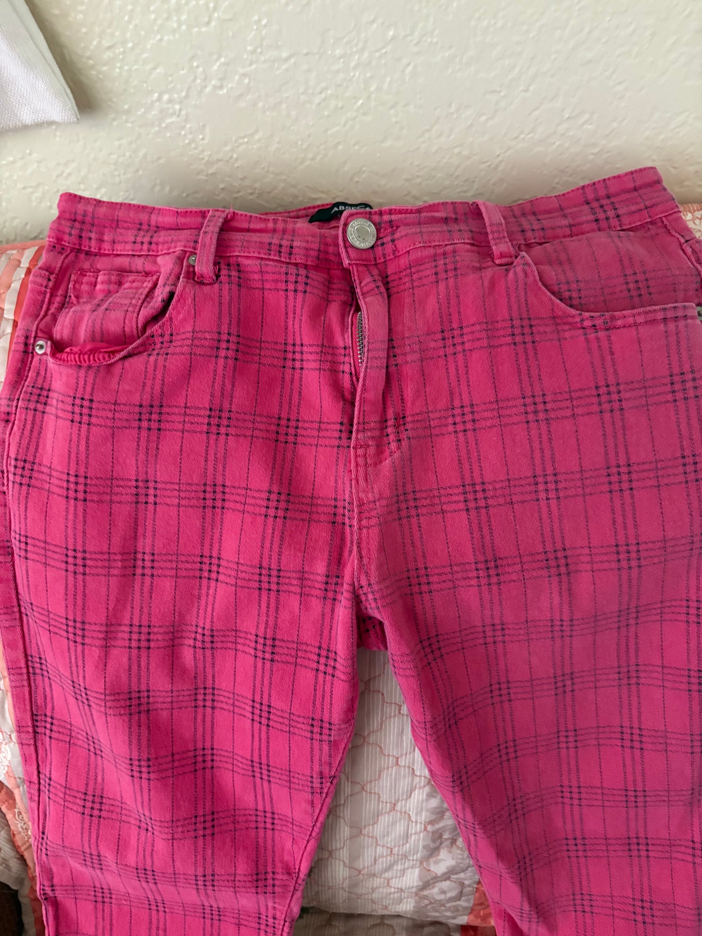 Vintage ABSECAI Pink Plaid Pants - Size 38 - Stretch Cotton Skinny Fit