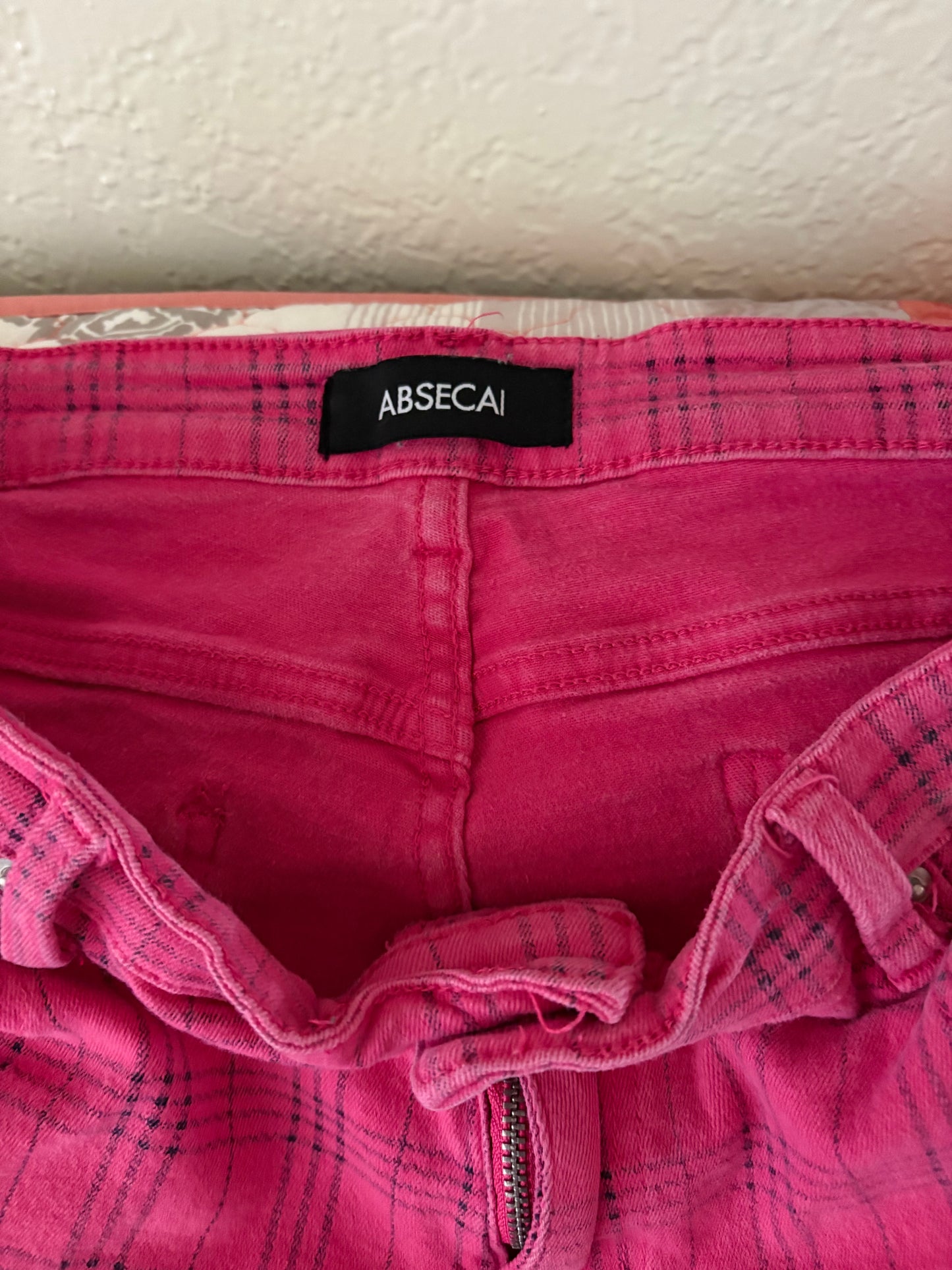 Vintage ABSECAI Pink Plaid Pants - Size 38 - Stretch Cotton Skinny Fit