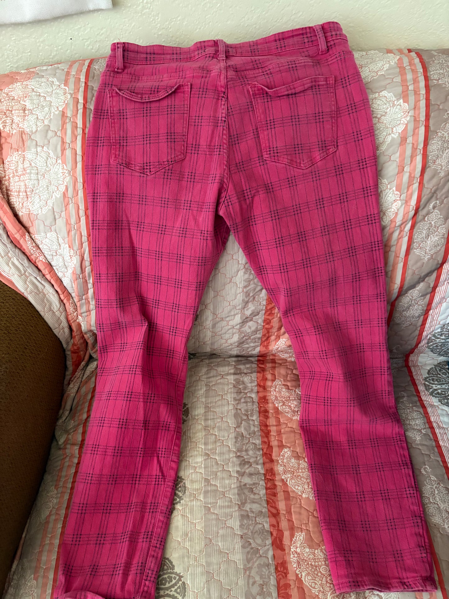 Vintage ABSECAI Pink Plaid Pants - Size 38 - Stretch Cotton Skinny Fit