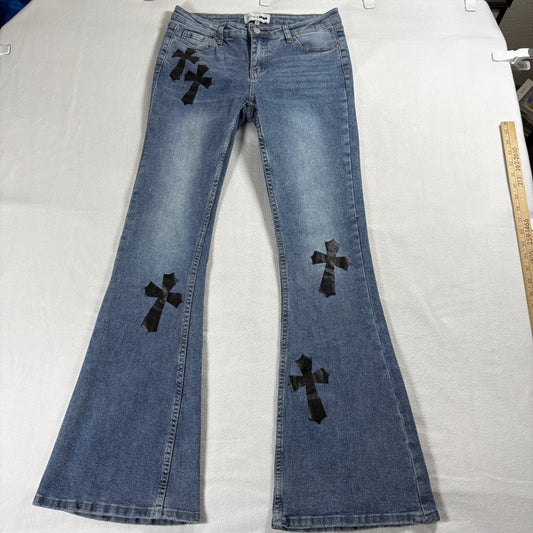 Fashion Nova Womens 9 Flare Cross Patch Y2K Streetwear Light Wash Jeans Retro 90S