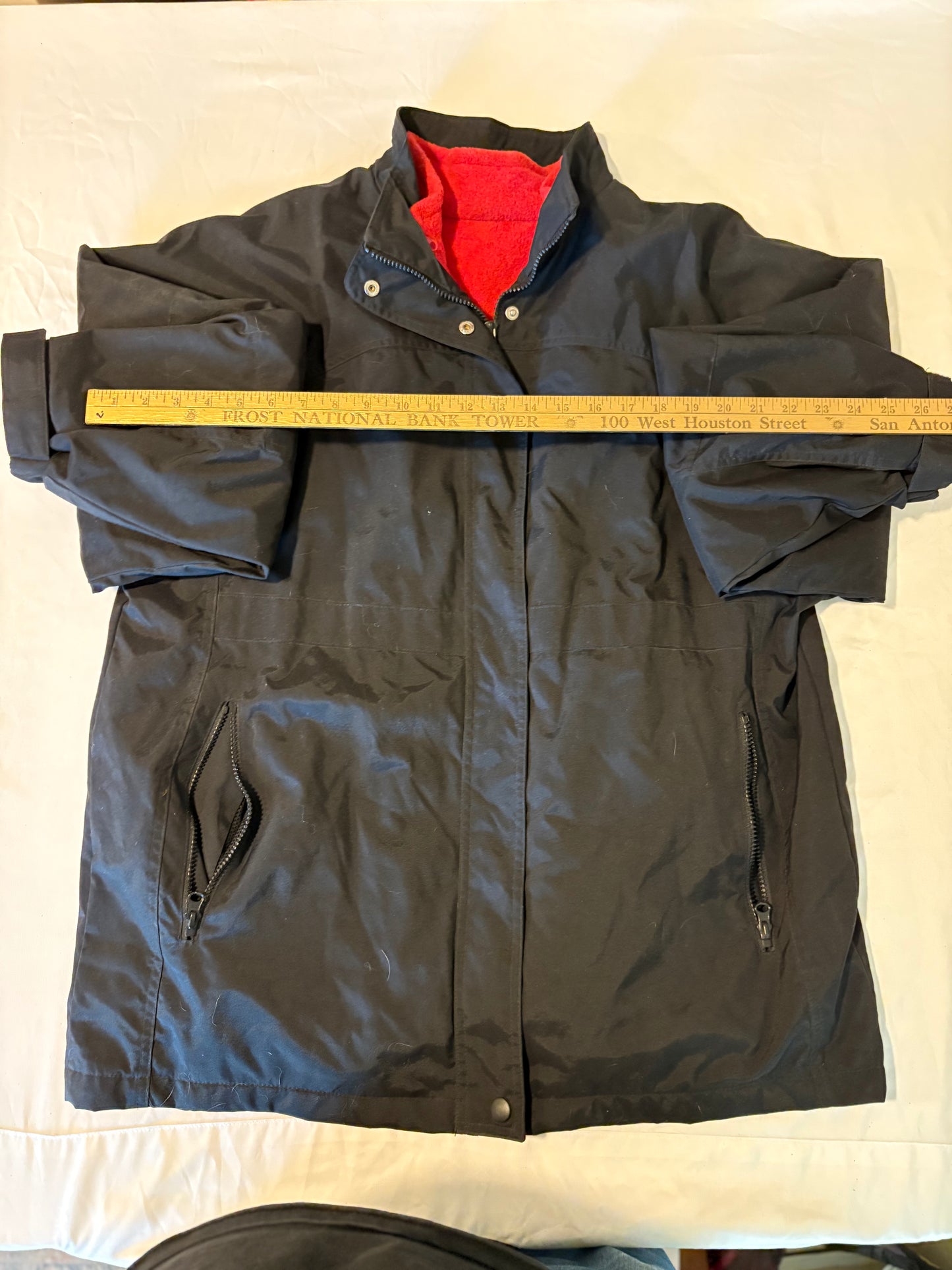 Black Windbreaker Jacket Red Terry Lining Zip Front Pockets Mens Size L