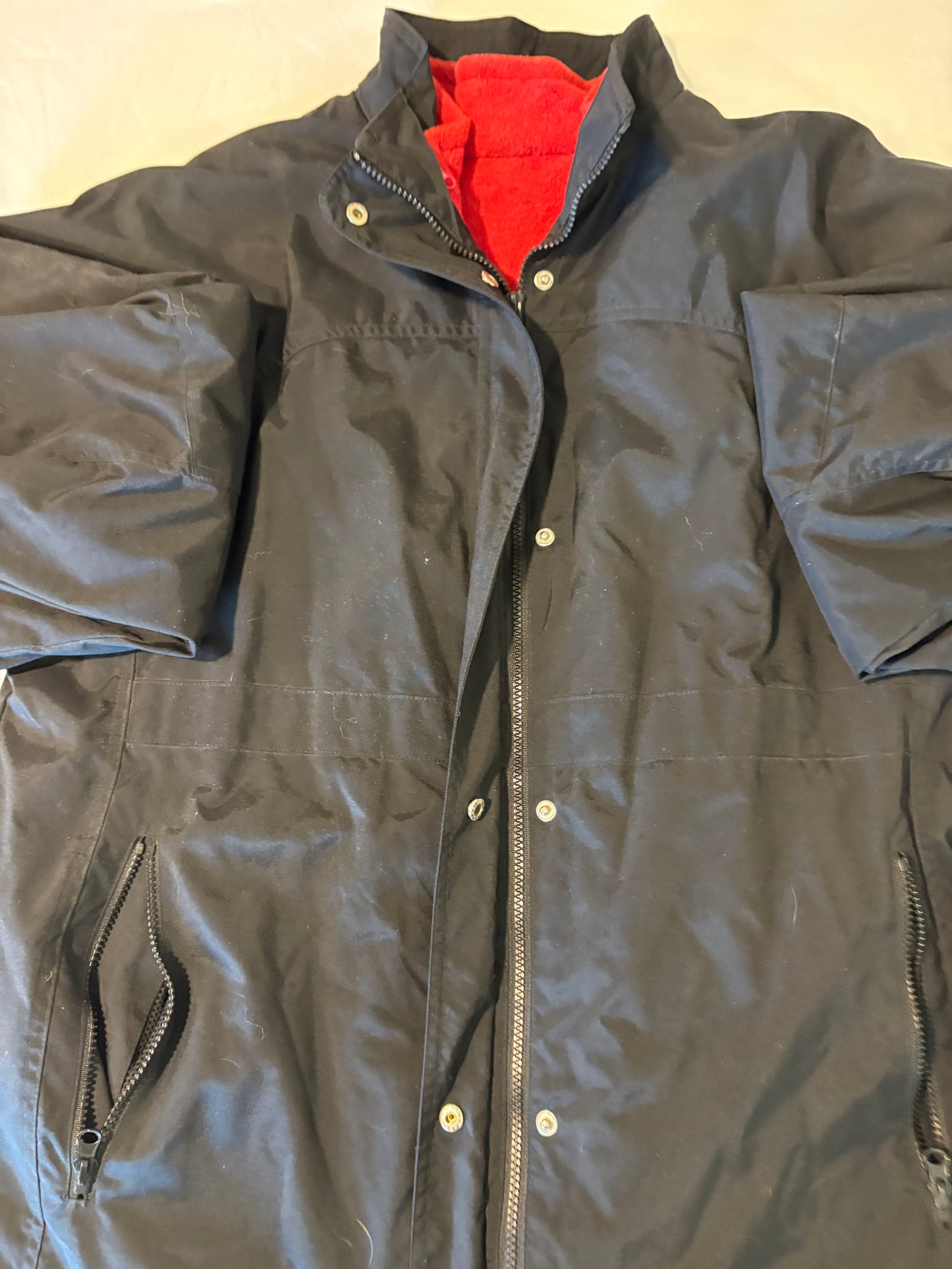 Black Windbreaker Jacket Red Terry Lining Zip Front Pockets Mens Size L