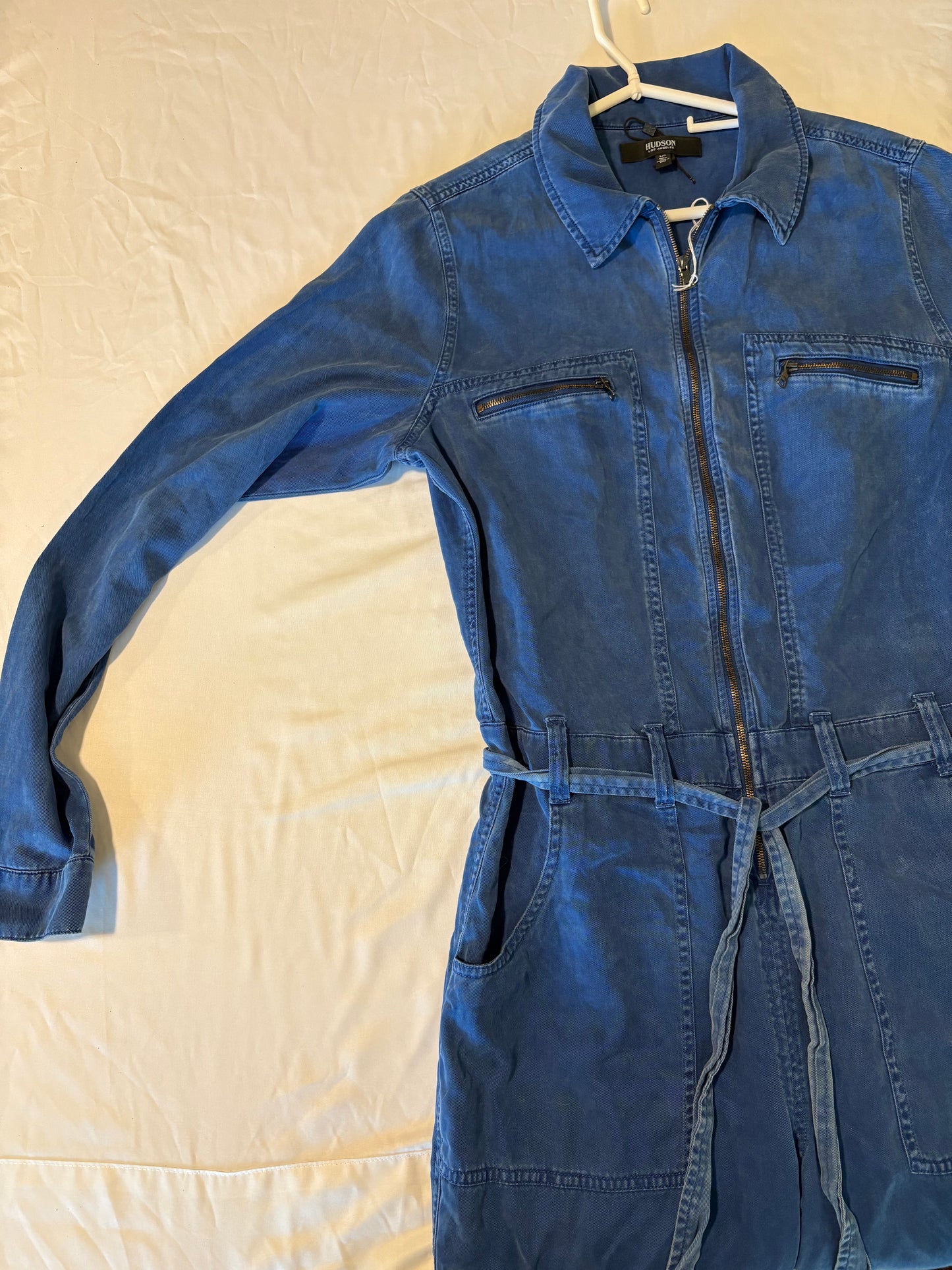 Hudson Los Angeles Denim Jumpsuit Women’s L Blue Zip Front Utility Belted Long Tall 62”