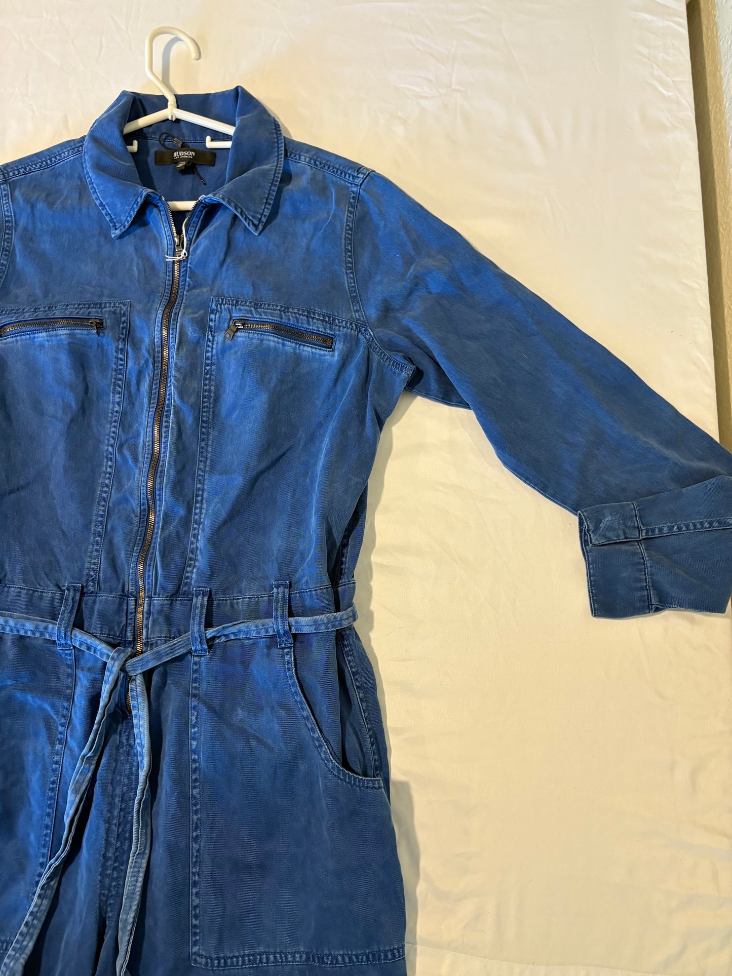 Hudson Los Angeles Denim Jumpsuit Women’s L Blue Zip Front Utility Belted Long Tall 62”