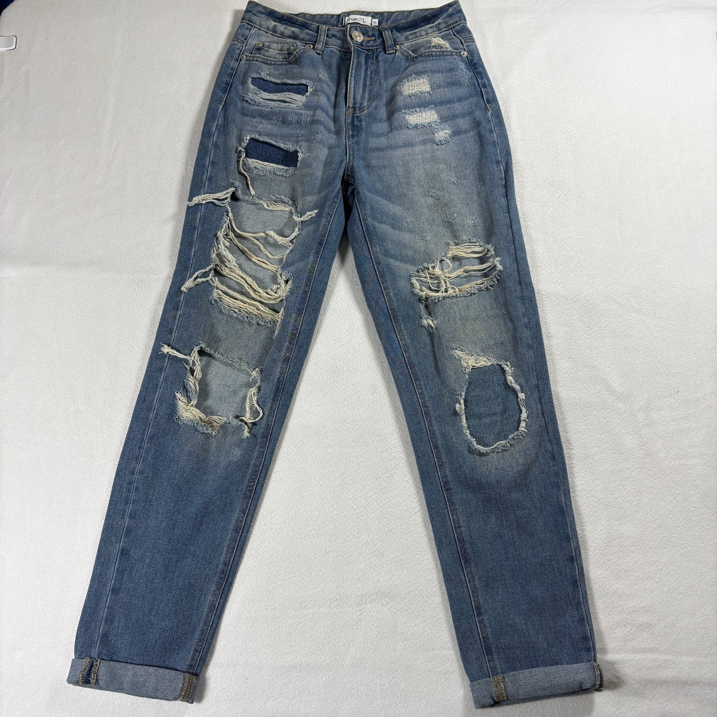 Rue21 Womens 4 High Rise Distressed Straight Leg Medium Wash Denim Jeans Vintage