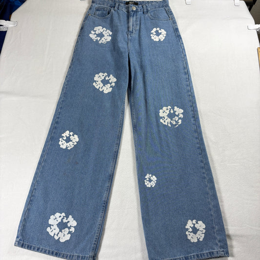 EGO Womens 6 High Rise Wide Leg Painted Floral Medium Wash Denim Jeans Y2K Style