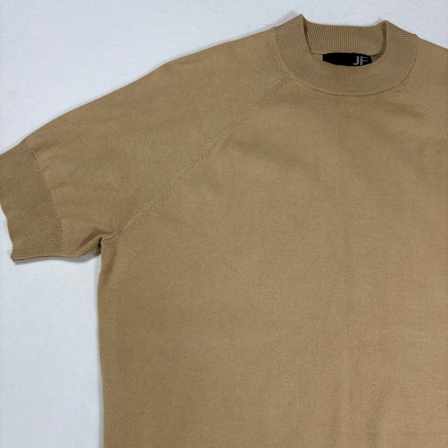JF J Ferrar Mens Sweater Size L Tan Short Sleeve Knit Pullover Retro Y2K Minimal
