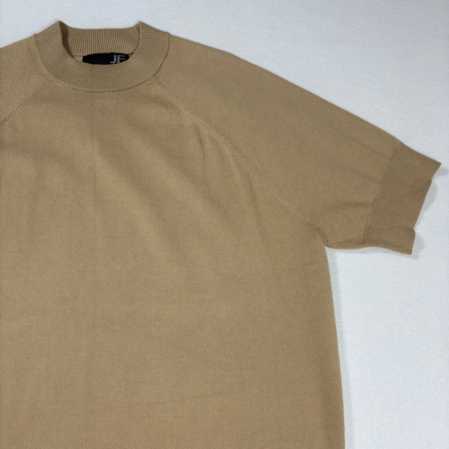 JF J Ferrar Mens Sweater Size L Tan Short Sleeve Knit Pullover Retro Y2K Minimal