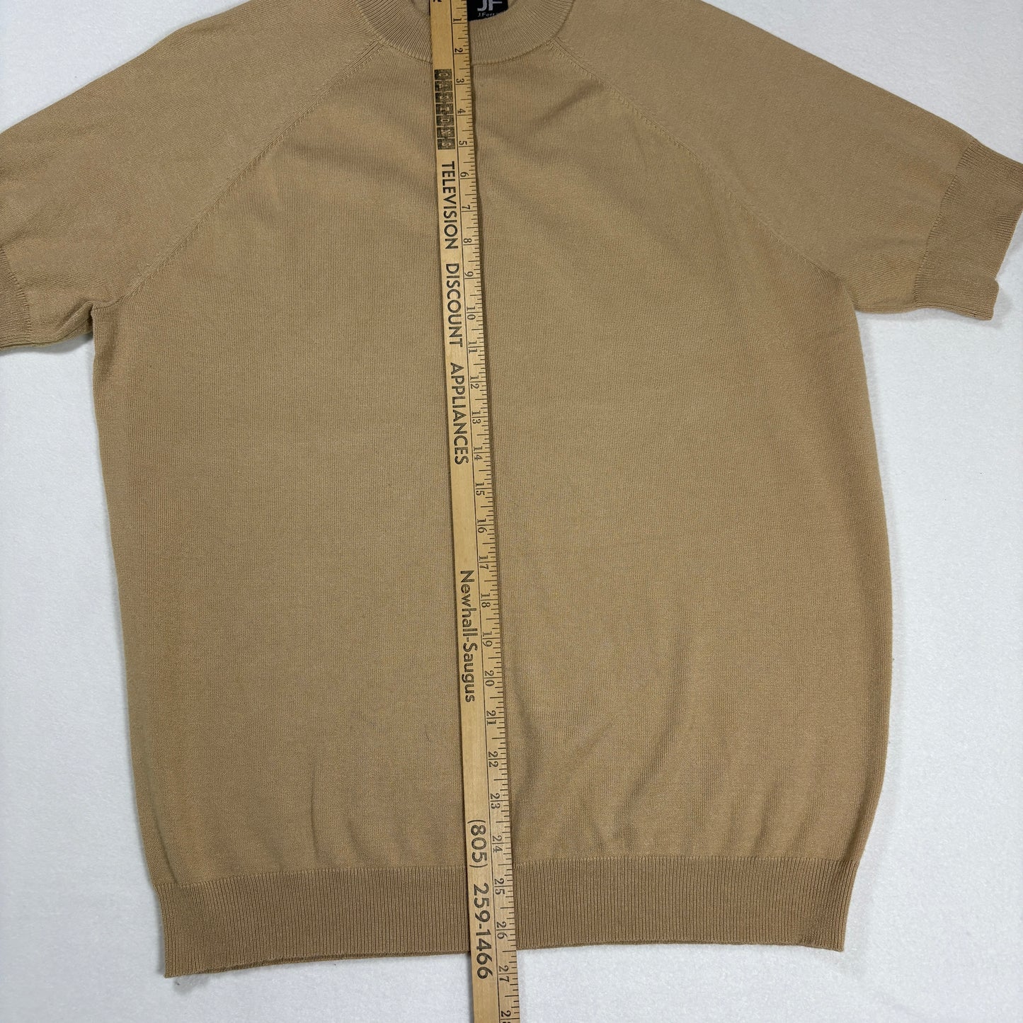 JF J Ferrar Mens Sweater Size L Tan Short Sleeve Knit Pullover Retro Y2K Minimal