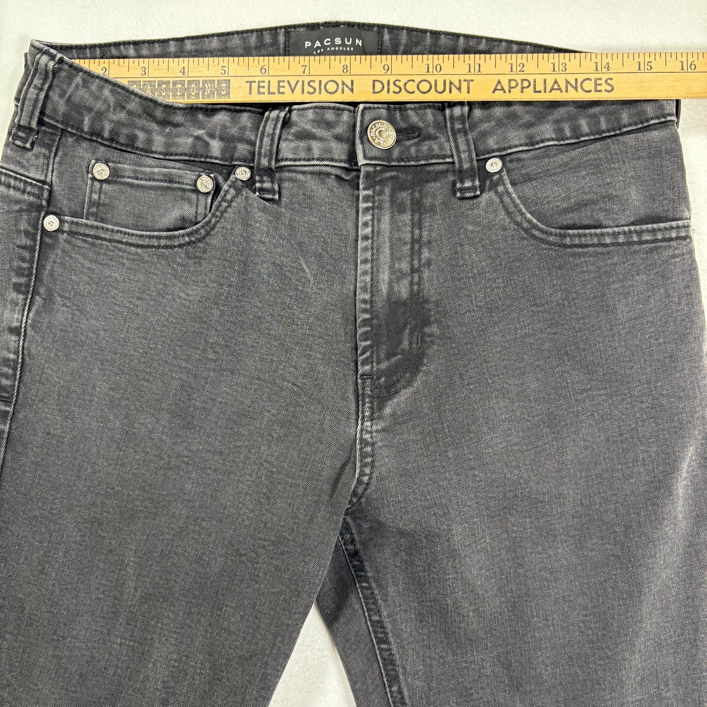 PacSun Mens Jeans 32x30 Black Stacked Skinny Active Stretch Denim Distressed Patch