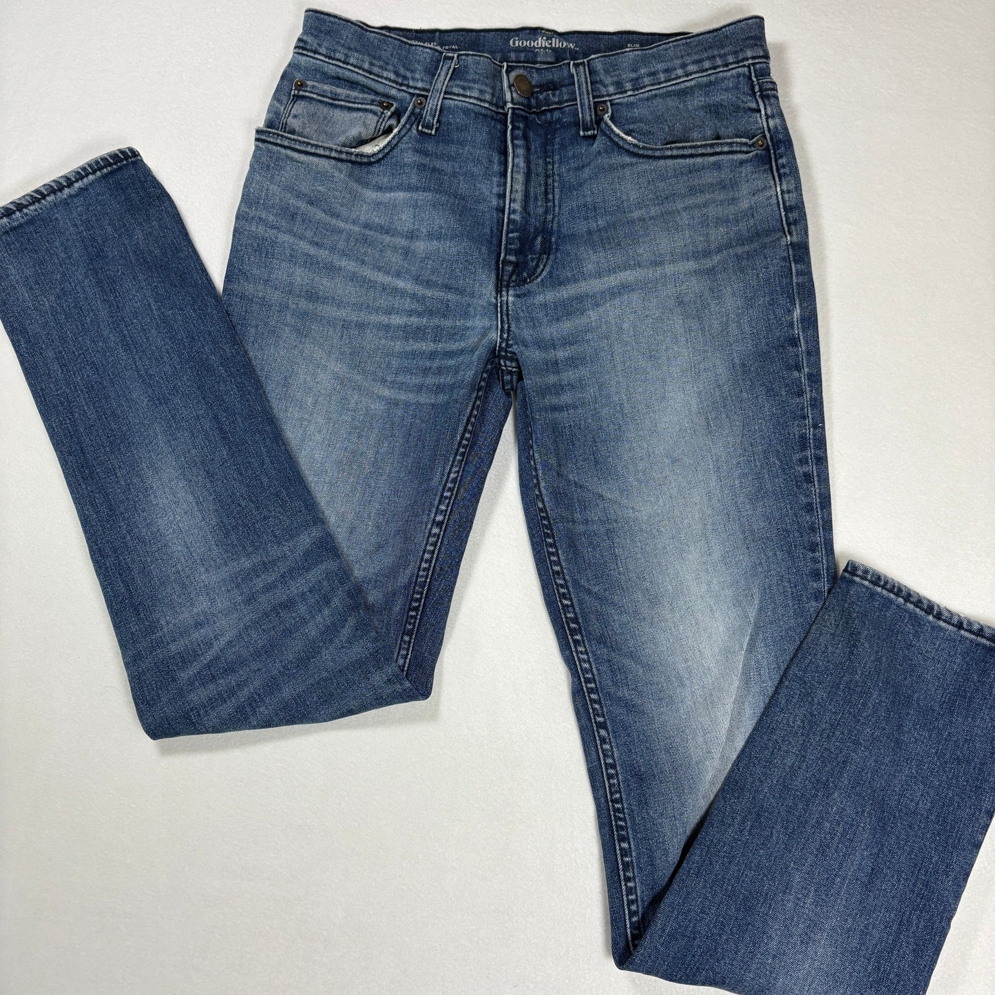 Goodfellow mens blue denim jeans size 30x32 slim fit stretch total flex vintage