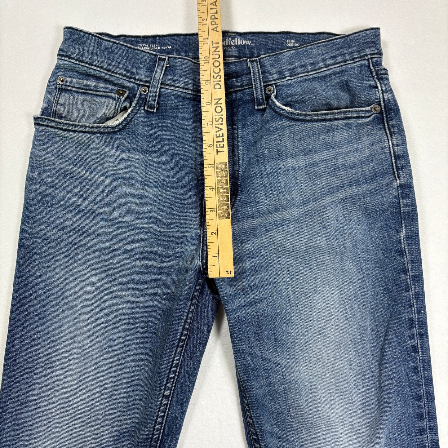 Goodfellow mens blue denim jeans size 30x32 slim fit stretch total flex vintage