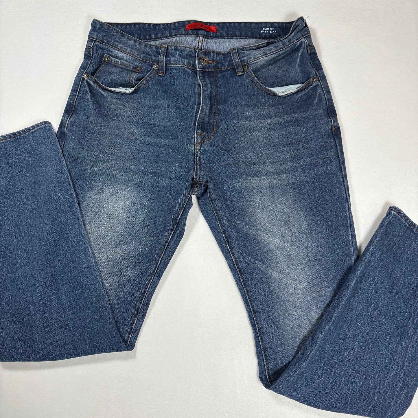 MBX mens blue denim jeans size 34x32 slim fit Y2K vintage faded wash casual