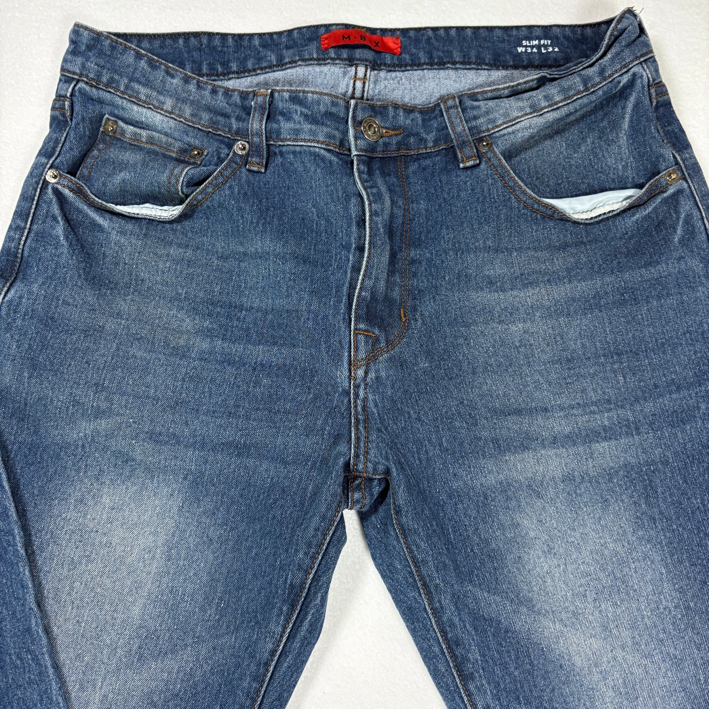 MBX mens blue denim jeans size 34x32 slim fit Y2K vintage faded wash casual
