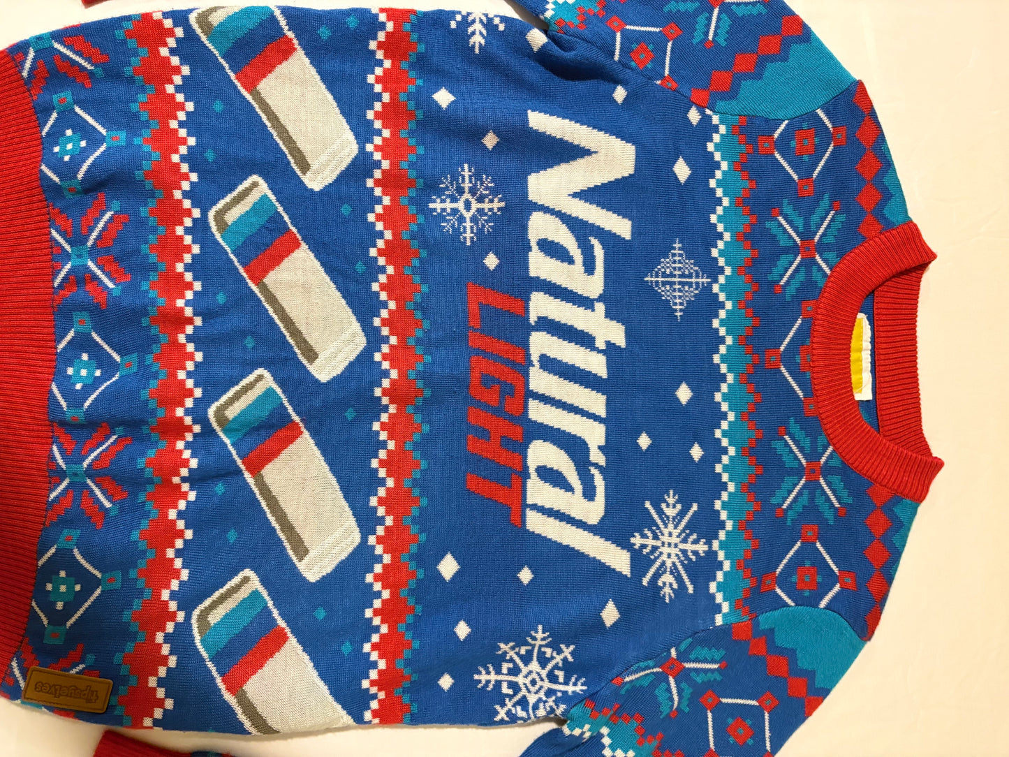 Tipsy Elves Natty Light Ugly Christmas Sweater Men M Beer Funny Blue Red