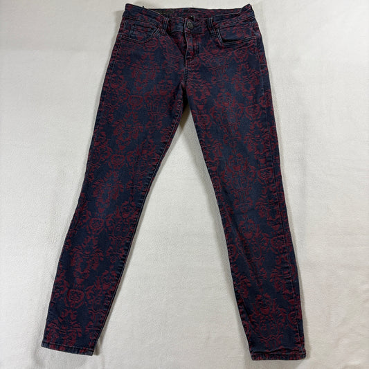 Ankle Skinny Jeans Red Black Floral Damask Stretch Womens Tag 4 Fits Like 28X26