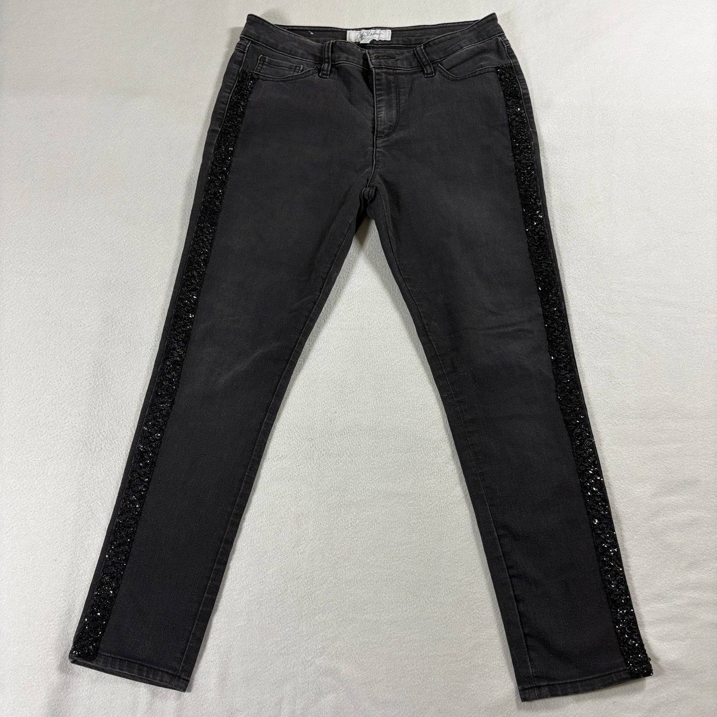 Skinny Jeans Gray Wash Beaded Side Stripe Stretch Womens Tag 6 Fits Like 30X26