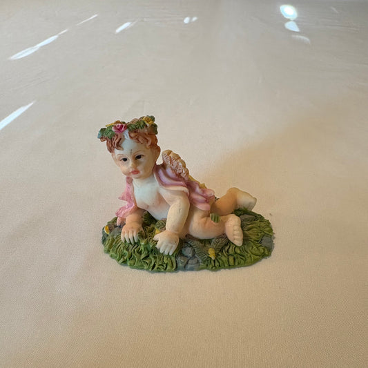 Vintage Cherub Angel Figurine Laying on Grass with Wings & Flower Crown 4" Tall