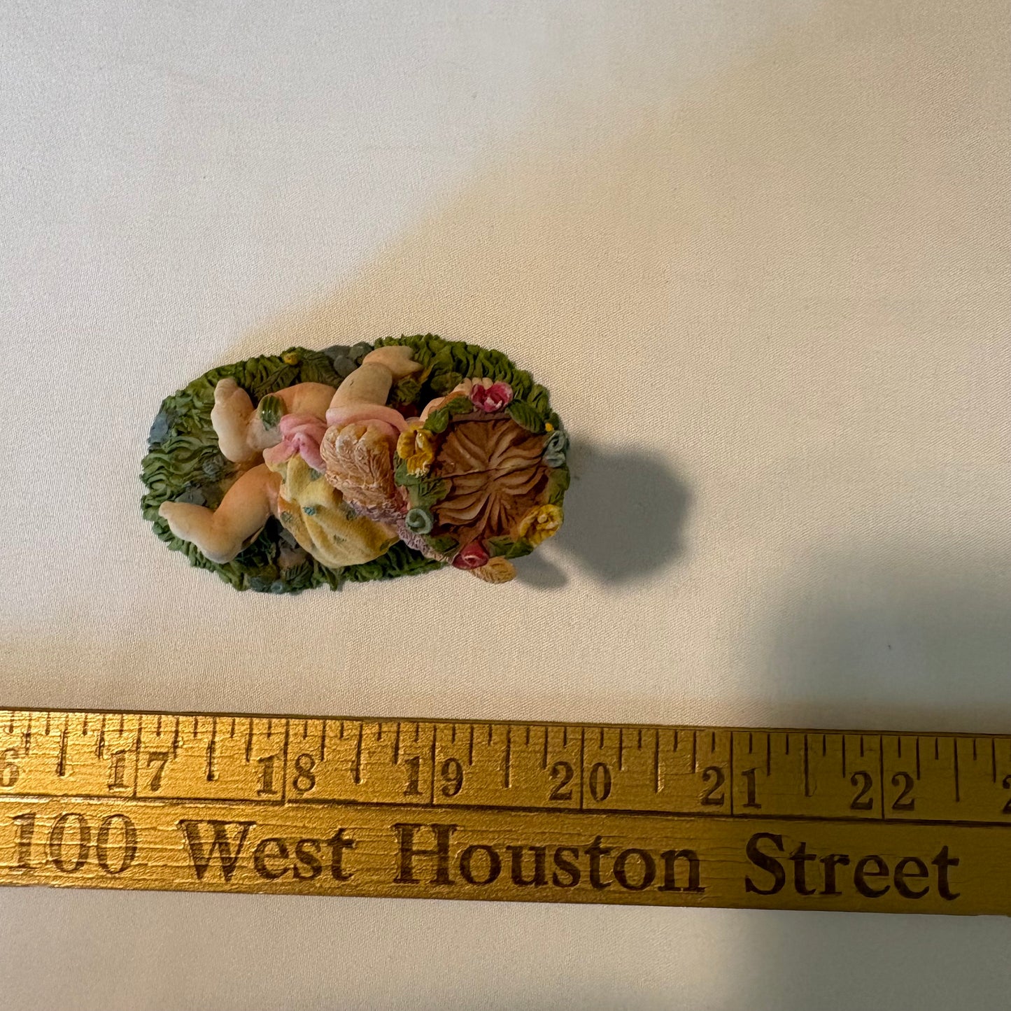 Vintage Cherub Angel Figurine Laying on Grass with Wings & Flower Crown 4" Tall