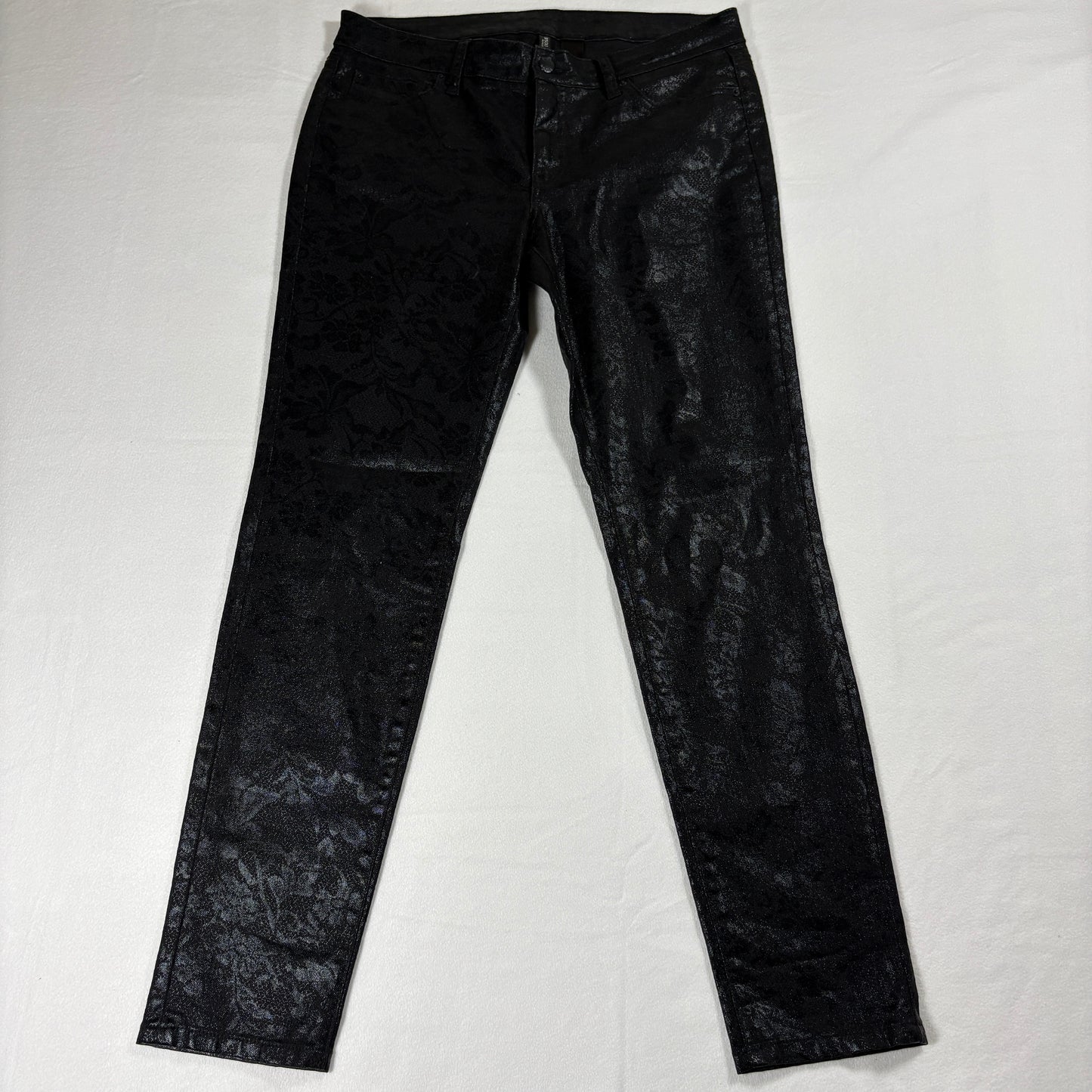 Bisou Bisou Pants Womens 12 Black Jacquard Coated Skinny Goth Glam Evening Denim
