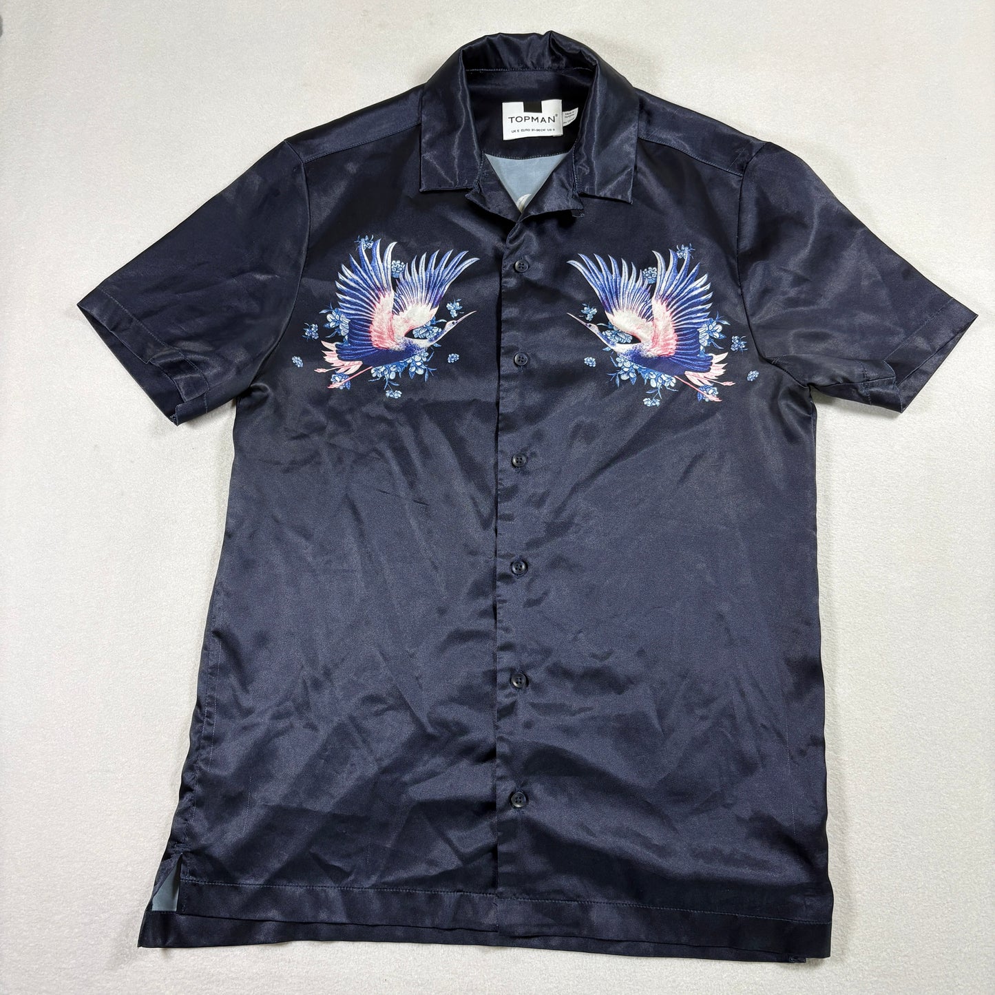 Topman Mens Black Satin Embroidered Bird Shirt Size Small Y2K 90s Grunge Festival