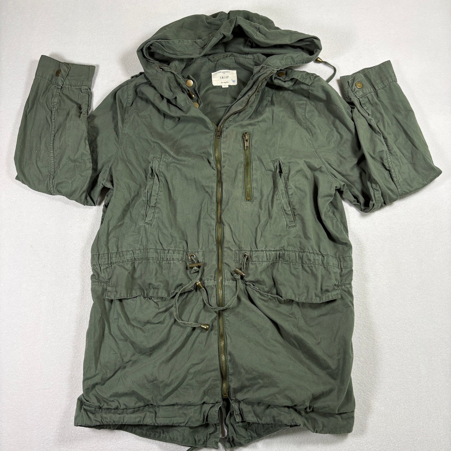 Iris Womens Green Utility Parka Jacket Size Large Hooded Drawstring Zip Military