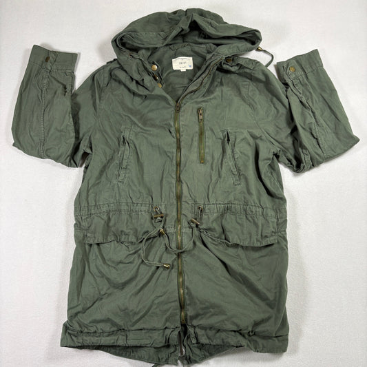 Iris Womens Green Utility Parka Jacket Size Large Hooded Drawstring Zip Military