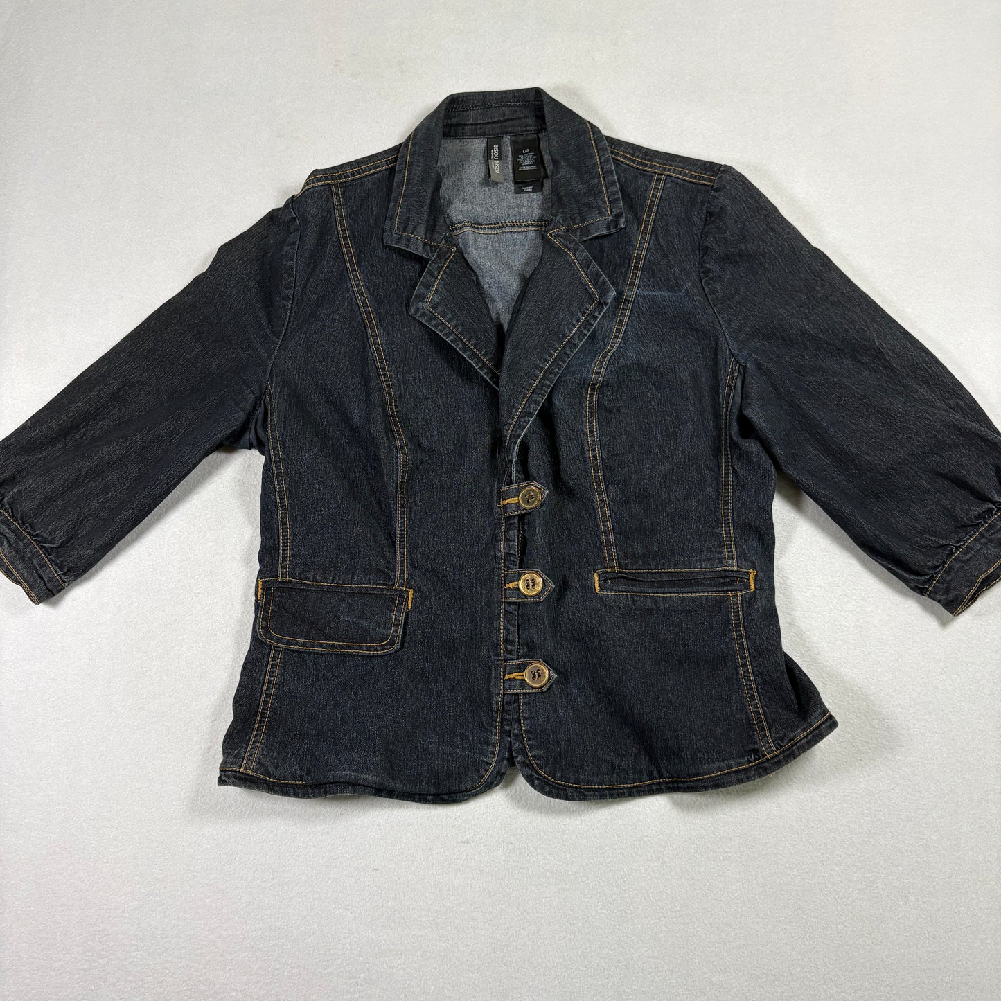 Bisou Bisou Womens Denim Blazer Jacket Size Large Dark Wash Stretch Y2K 90s Grunge